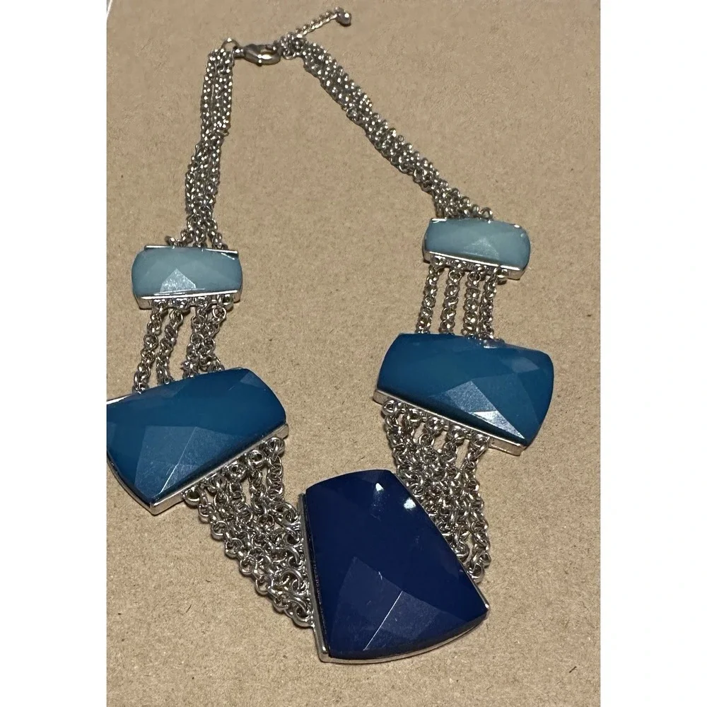 Silver Tone Multi-Chain Statement Necklace with Blue and Green Geometric Accents